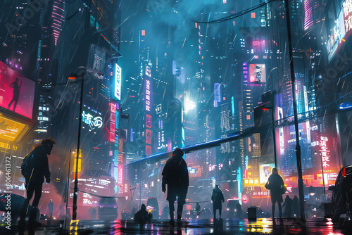 A nighttime city scene filled with neon lights and skyscrapers. Symbolizes modern life  technology  and urban atmosphere. Perfect for campaigns focused on technology  urban lifestyle  and futuristic 