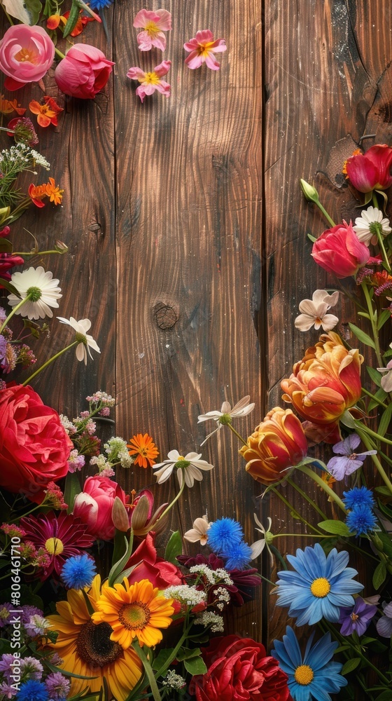 Diverse Flower Bouquet on Wooden Surface, Elegantly Detailed with Vibrant Colors and Delicate Textures