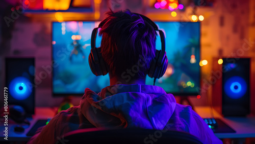 back view of Professional young gamer in headphones is playing a pc video game in dark room with neon rgb light, gaming industry event or gaming competition,monitor , online video games, speakers