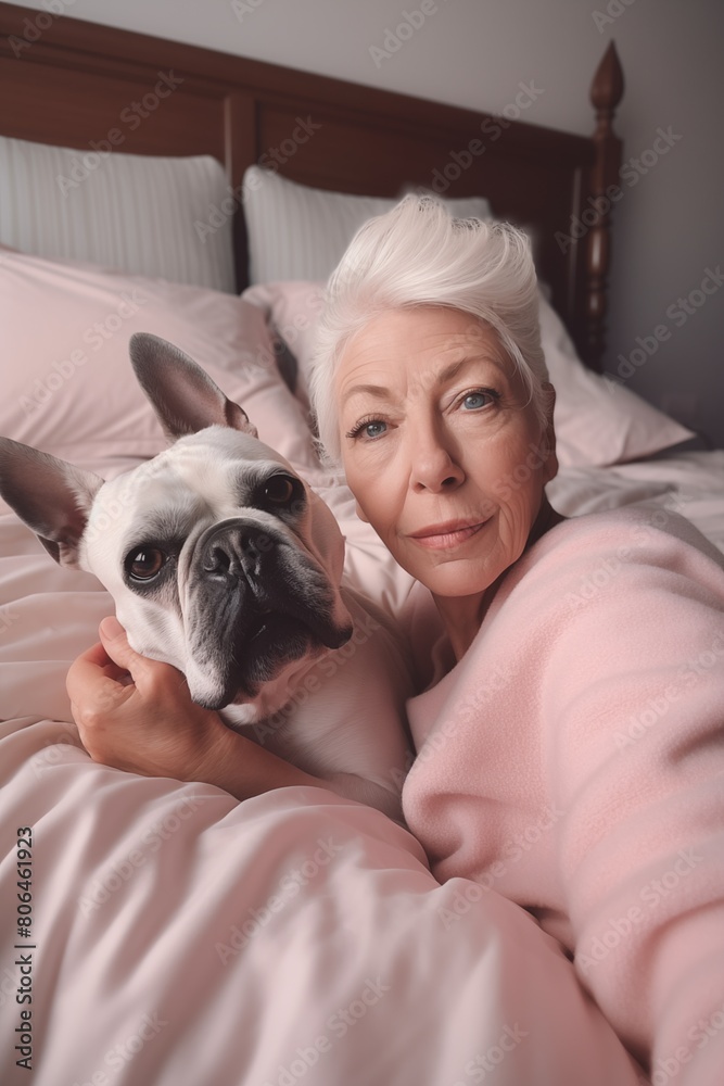 Senior woman with a dog in the bed room Senior woman with a dog in the bed room