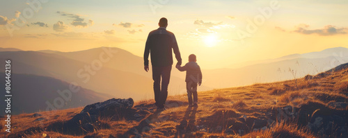 A man and a child are walking together on a hillside photo