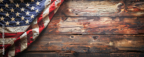 A wooden background with a red, white and blue American flag on it