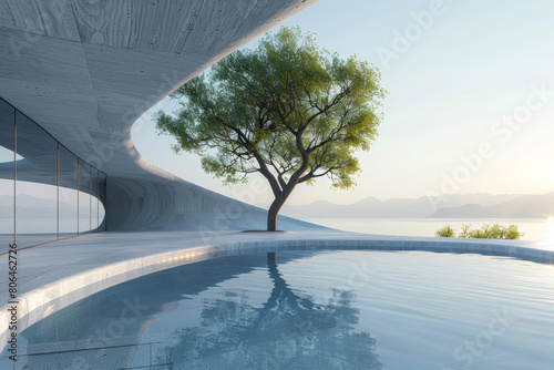 Modern buildings by the lake. Empty architectural background.