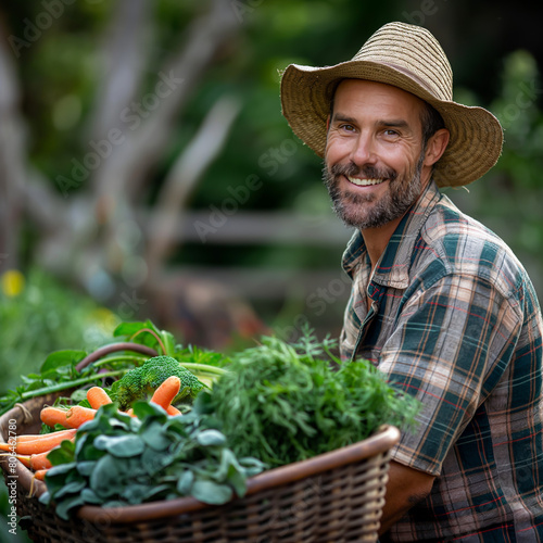 Portrait of a happy farmer in the garden Fresh vegetables are being harvested. Carrots and green leafy vegetables. , farm , garden
