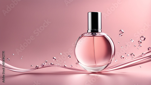 A bottle of perfume with a pink background