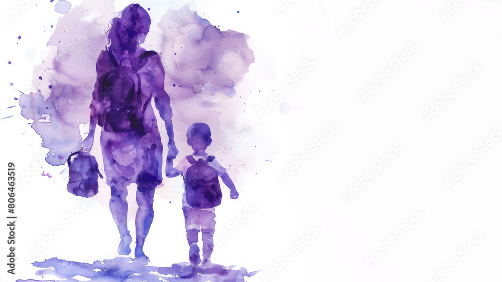 Obraz premium Purple watercolor of A mother with her preschooler going to school