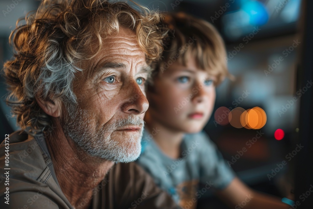 Grandfather and grandson focused on a computer screen Grandfather and grandson focused on a computer screen