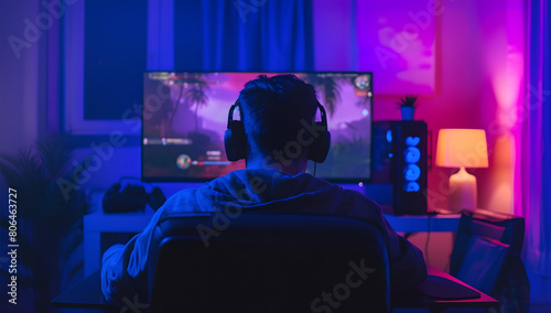 back view of Professional young gamer in headphones is playing a pc video game on in with dark room with neon rgb light, monitor , online video games, speakers , man , plant ,bluury background