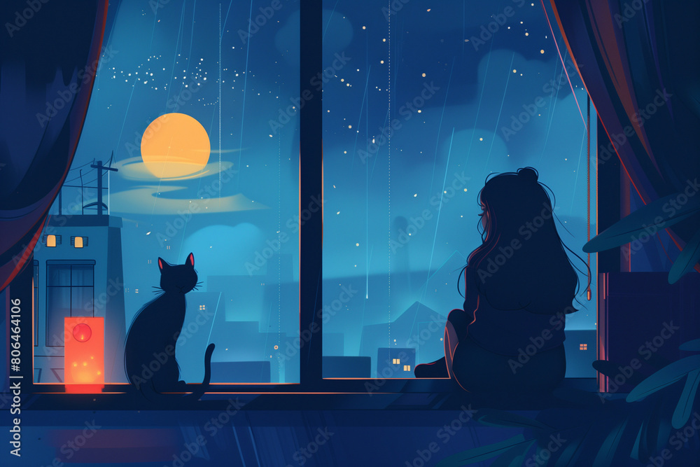 girl sitting on a bed with cat looking through a window at rainy day ...