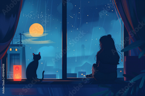 girl sitting on a bed with cat looking through a window at rainy day