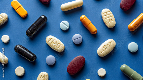 Top view: assorted pills scattered on blue background, representing varied medications