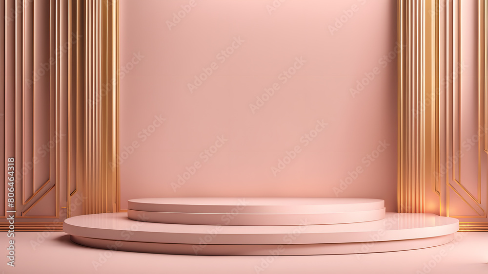 A pink room with a gold frame and a white pedestal A pink room with a gold frame and a white pedestal