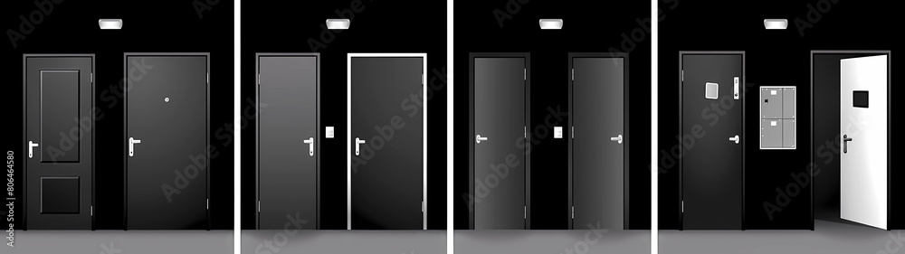 A multitude of black and white doors line the expansive landscape, their contrasting colors and varied designs creating a mesmerizing visual labyrinth that invites exploration and curiosity A multitude of black and white doors line the expansive landscape, their contrasting colors and varied designs creating a mesmerizing visual labyrinth that invites exploration and curiosity