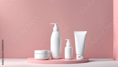A row of white beauty products are displayed on a pink background © Jati