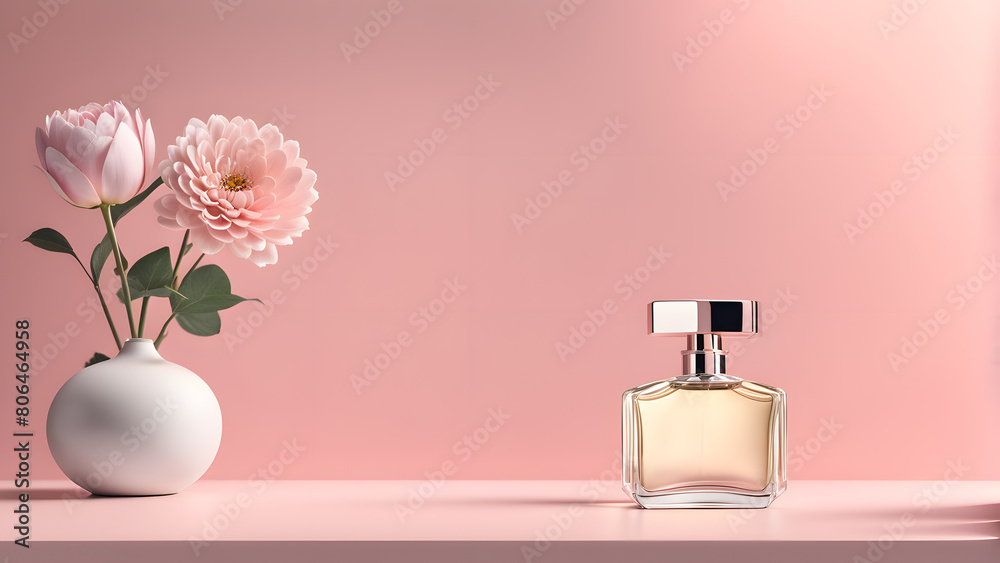 A bottle of perfume is displayed on a table next to a vase of flowers A bottle of perfume is displayed on a table next to a vase of flowers