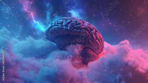 Surreal depiction of a brain floating in the clouds. The brain is a pinkish-gray mass with wrinkles and folds. photo