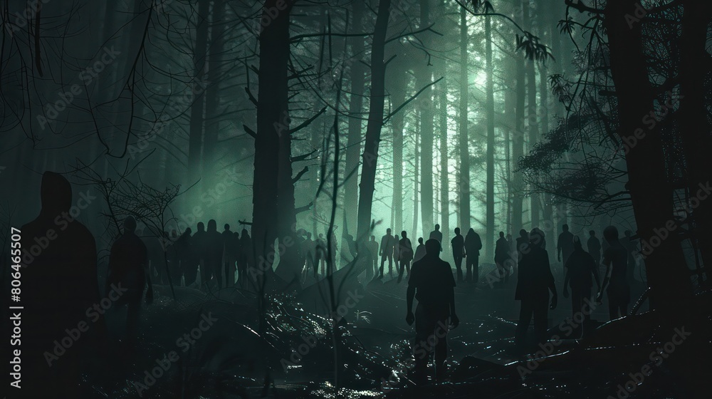 a dark forest with the silhoette of many People in the dark horror movie scene --ar 16:9 Job ID: 4d63a547-ef91-4501-b6eb-1fe6f4e31098