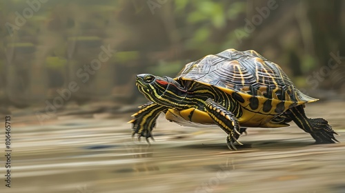 A fast turtle runs at high speed on the road.