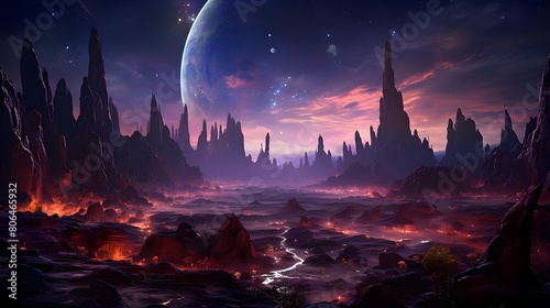 Fantasy alien planet. Mountain and lake. 3D illustration. © Michelle