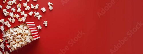 Popcorn falls on red background. Popcorn kernels scatter.赤い背景にポップコーンが落ちる。ポップコーンの粒が飛び散る。Generative AI	 photo