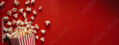 Popcorn falls on red background. Popcorn kernels scatter.赤い背景にポップコーンが落ちる。ポップコーンの粒が飛び散る。Generative AI 
