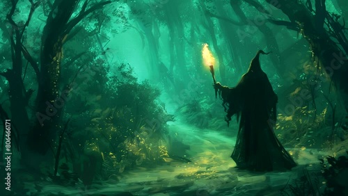 Silhouette of witch with torch in enchanted forest at fantasy night. Looping time-lapse video