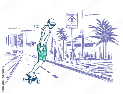 Hand-drawn illustration of a skateboarder on a sidewalk on the edge of the city of Rio de Janeiro, Brazil.