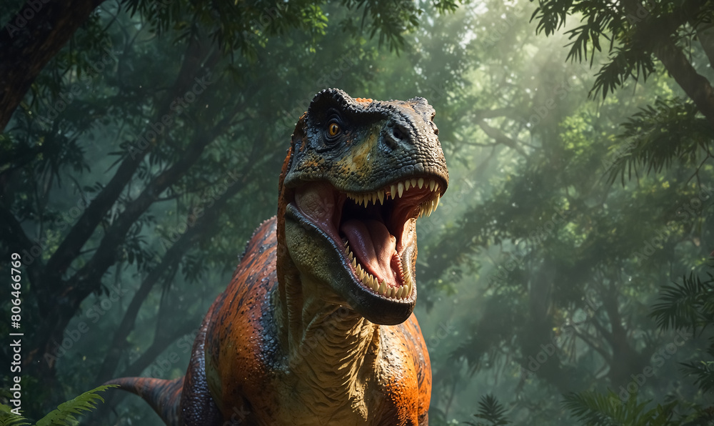 A T-Rex dinosaur in a fantastic jungle.
A T-Rex dinosaur in a fantastic jungle.