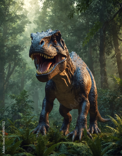 A T-Rex dinosaur in a fantastic jungle.
