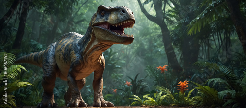 A T-Rex dinosaur in a fantastic jungle.
