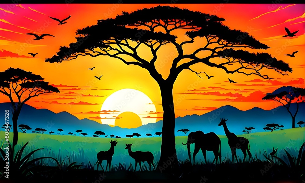 A majestic African sunset bathes wildlife in a warm glow. Natural beauty, interconnection. Vector illustration. Generative AI