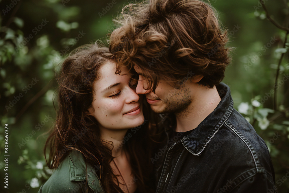 A couple tenderly embraces in a natural setting. It symbolizes love, closeness, and intimate connection. Ideal for campaigns focused on romance, weddings, and relationships