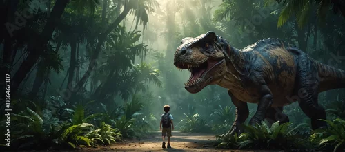 Fototapeta na wymiar A T-Rex dinosaur and a child in a fantastic jungle.
