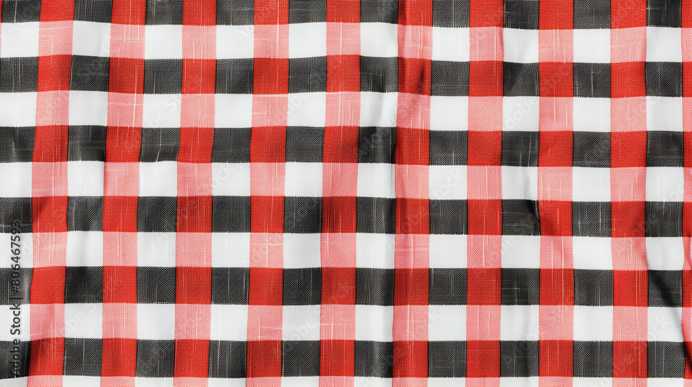 Crumpled Plaid Fabric with Black, Red, and White Stripes in a Classic Checkered Pattern. Crumpled Plaid Fabric with Black, Red, and White Stripes in a Classic Checkered Pattern.