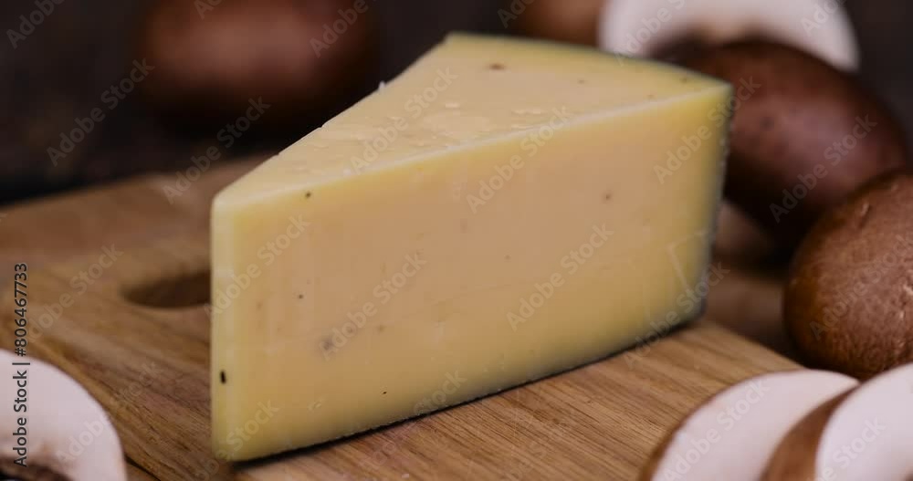 fresh natural cheese with mushrooms, milk cheese with flavor and pieces of mushrooms