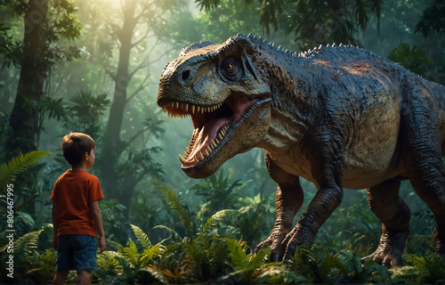 A T-Rex dinosaur and a child in a fantastic jungle.  © Star Way