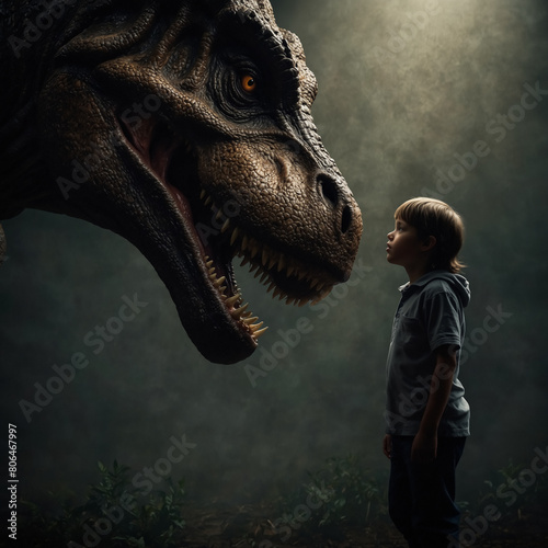 A T-Rex dinosaur and a child in a fantastic jungle. 