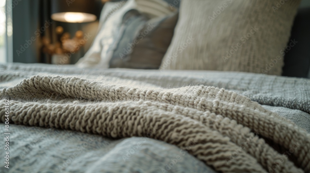 A glimpse of a textured throw artfully folded at the foot of the bed adding warmth and depth to the overall aesthetic. A glimpse of a textured throw artfully folded at the foot of the bed adding warmth and depth to the overall aesthetic.