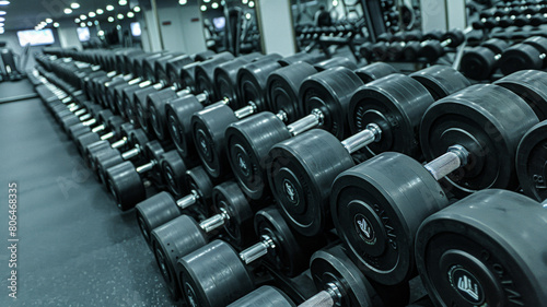 A row of black dumbbells are lined up on a gym floor