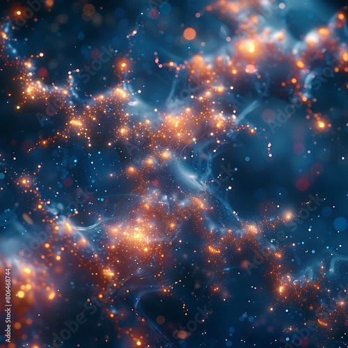 Abstract molecular structures forming constellations against a starry backdrop