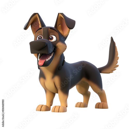 A 3D cartoon character of a protective German Shepherd  alert and strong  standing guard  brave  isolated on a white background. 