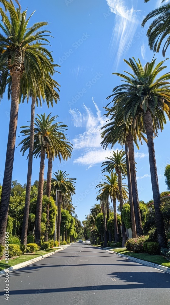 A car-free street in a nice neighborhood in California on a sunny day. Summer, palm trees. California vibe A car-free street in a nice neighborhood in California on a sunny day. Summer, palm trees. California vibe