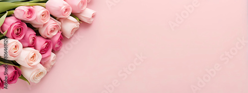  3D render happy Mother's Day banner with copy space. Celebrating Mother's Day with, heart and flowers DESIGN.  photo