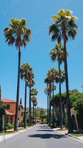 A car-free street in a nice neighborhood in California on a sunny day. Summer, palm trees. California vibe 