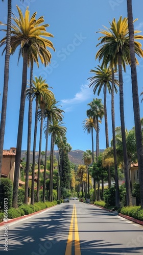 A car-free street in a nice neighborhood in California on a sunny day. Summer, palm trees. California vibe 