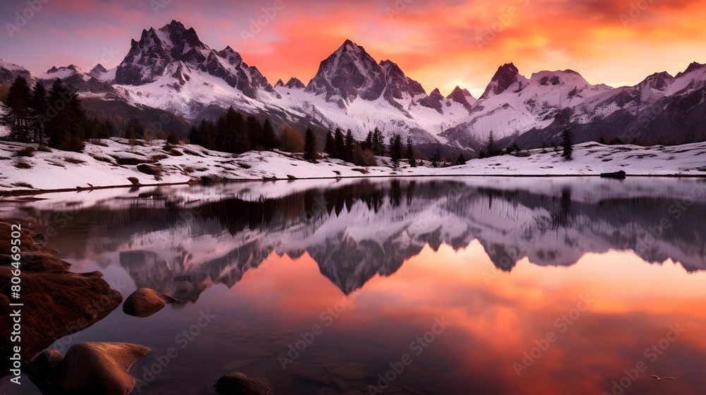 Panoramic view of the mountains reflected in the lake at sunset