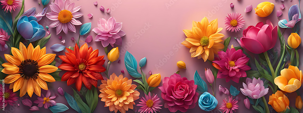 3D render happy Mother's Day banner with copy space. Celebrating Mother's Day with, heart and flowers DESIGN. 3D render happy Mother's Day banner with copy space. Celebrating Mother's Day with, heart and flowers DESIGN.