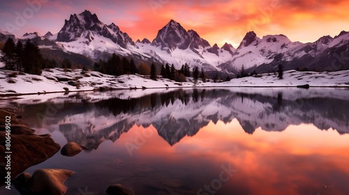 Panoramic view of the mountains reflected in the lake at sunset © Michelle
