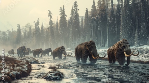 A herd of mammoths crossing a river during the Pleistocene period.
