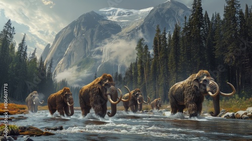 A herd of mammoths crossing a river during the Pleistocene period. photo
